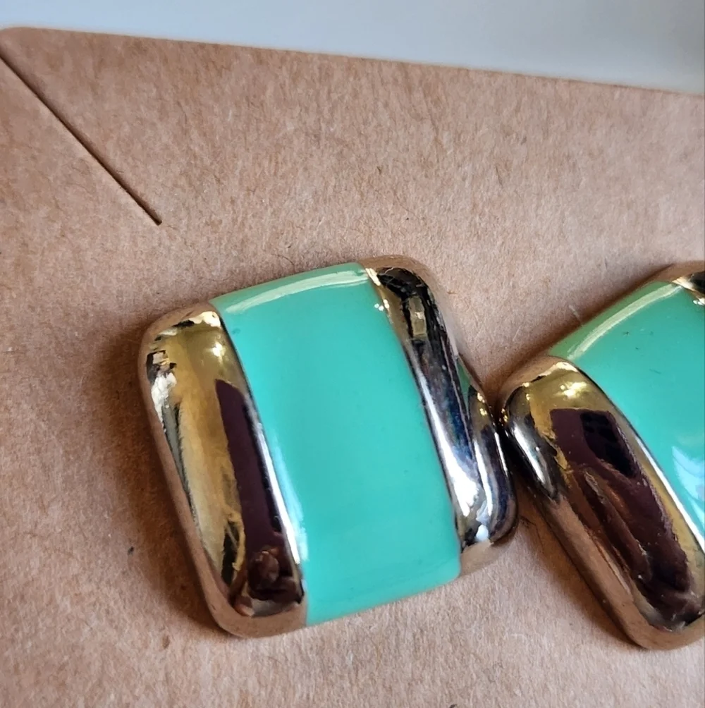Vintage Avon Silver and Green Enamel Square Stud Earrings